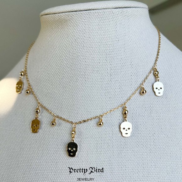 Pretty Bird Jewelry Jewelry - 18K Yellow Gold Plated Skull Charm Choker Necklace - 17.5"